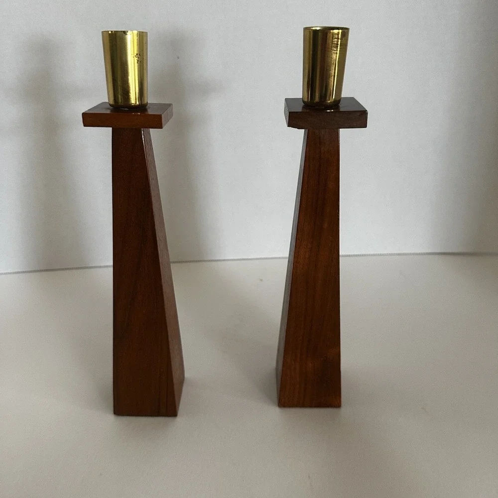 Vintage Danish Modern Kustom Kraft Walnut Brass Taper Candle Holders‎ 9 Inch